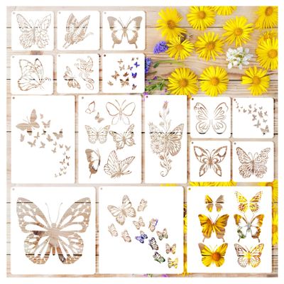16 Pieces Butterfly Stencils for Painting, Reusable Plastic Spring Templates Flower Butterflies Stencils for Painting Craft Wood Canvas Fabric Nature Home Dcor (16pcs Butterfly)