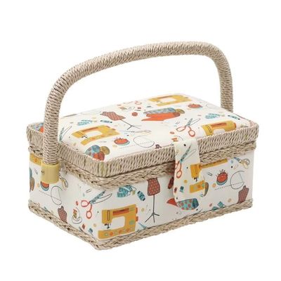 Sewing Box with Accessories Sewing Storage and Organizer with Complete Hand Sewing Kit Tools - Wooden Sewing Basket with Removable Tray and Tomato Pincushion for Sewing Mending-White