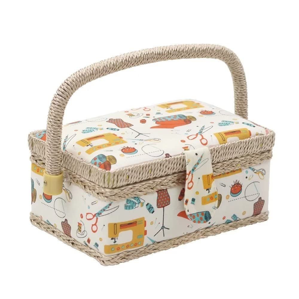 Sewing Box with Accessories Sewing Storage and Organizer with Complete Hand Sewing Kit Tools - Wooden Sewing Basket with Removable Tray and Tomato Pincushion for Sewing Mending-White