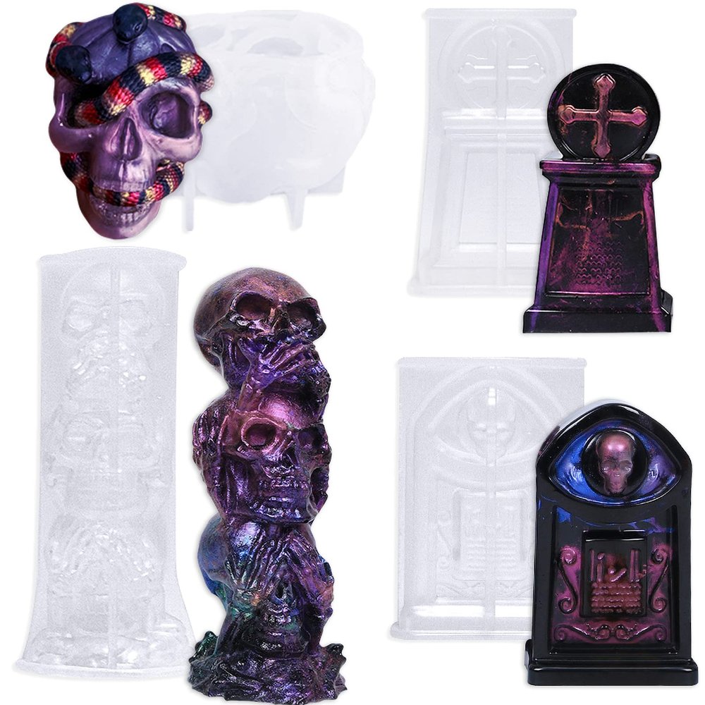 3D Witchy Silicone Molds 4-in-Set Skull Skeleton Tombstone Coffin for Epoxy Resin Candle Aromatherapy Soap Making Wax Plaster Craft Projects