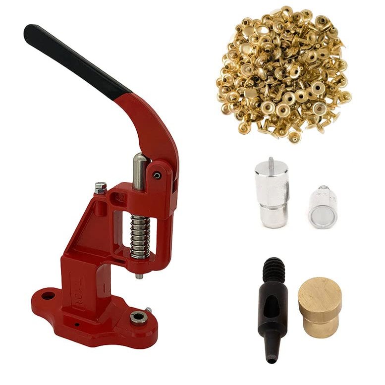 9mm Rivets Kit (1000 Sets) with Hand Press Machine, Dies and Hole Punch. Leather Rivets Single Round Cap Metal Stud Fasteners for Bag Belt Wallet Jeans(Red Press& Gold Rivets)