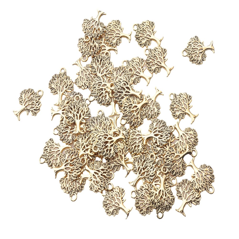 Ruwado 50 Pcs Tree Charms Tree of Life Pendants Beads Metal Accessories for DIY Jewelry Making Kit Jewelry Findings Supplies Crafting Art Project Necklace Bracelet Key Chain (Antique Gold)
