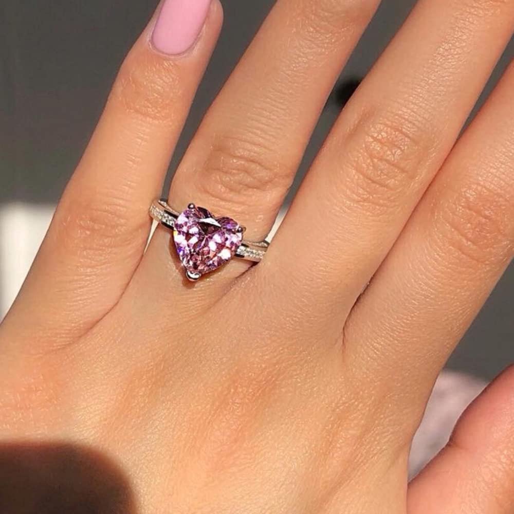CIUFEWEK S925 Silver Women's Ring Platinum Plated Ring Inlaid with AAA Heart-Shaped Pink Diamond Zircon Ring Women's Engagement Banquet Diamond Ring Jewelry
