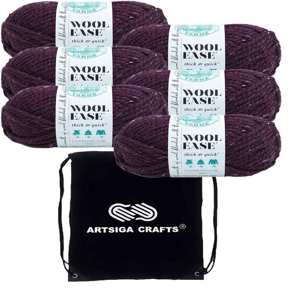 Lion Brand Wool Ease Thick & Quick Raisin 640-144 (6-Skeins - Same Dye Lot) #6 S Bulky Acrylic-Wool Yarn for Crocheting and Knitting with Project Bag