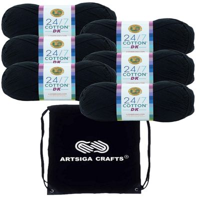 Lion Brand 24/7 Cotton DK Caviar 769-153 (6-Skeins - Same Dye Lot) DK Light Worsted #3 Cotton Yarn for Crocheting and Knitting with Project Bag