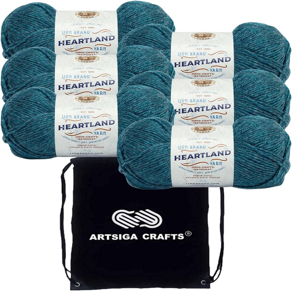 Lion Brand Heartland Glacier Bay 136-105 (6-Skeins - Same Dye Lot) Worsted Medium #4 Acrylic Yarn for Crocheting and Knitting with Project Bag