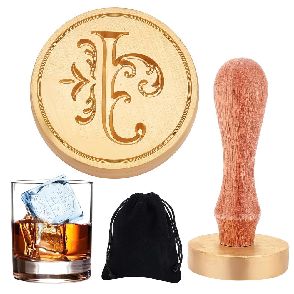 CRASPIRE Letter Ice Stamp with Removable Brass Head & Wood Handle - Vintage Floral J Ice Stamp for DIY Crafting Cocktail Whiskey Mojito Drinks Bar Making