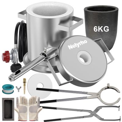 Nelyrho 6KG Propane Melting Furnace Kit with Two Crucible Tongs, Full Stainless Steel Foundry Klin Oxygen Torch Smelting Gold Silver Copper Aluminum Metal Recycle 2700