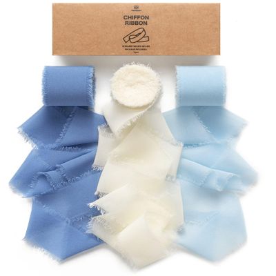 Vitalizart Blue Handmade Chiffon Silk Ribbon Fringe 1.5" x 21 Yd Dusty & Baby Blue Frayed Edges Ribbons for Wedding Invitations Bridal Bouquets Gifts Wrapping Crafts Holiday Party Decorations