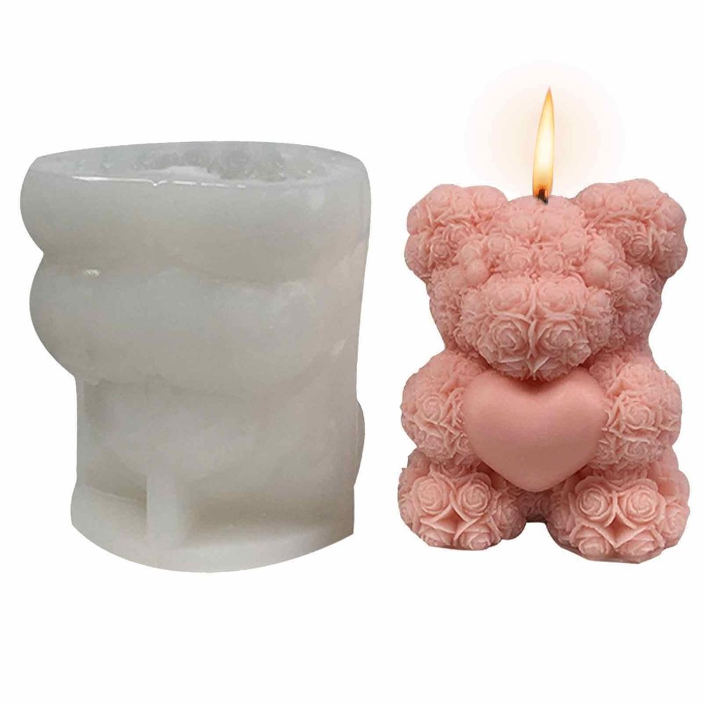 3D Rose Bear Silicone Molds, Valentine's Day Wedding Rose Bear Aromatherapy Candle Mold, DIY Window Display Bath Bomb Chocolate Cake Decoration, Ideal Gift for Women, Birthday, Mothers Day
