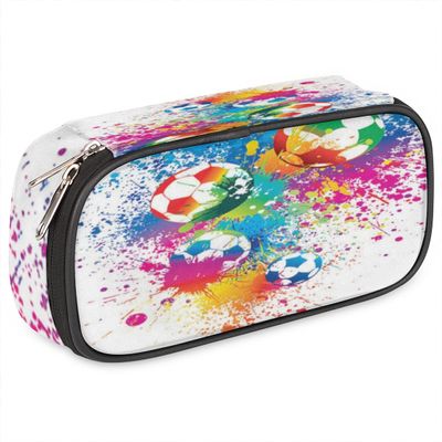 Pardick Watercolor Football Big Capacity Pencil Pen Case Soccer Large Pencil Pouch with Zipper Compartments Pencil Bag for Boys Girls Adults Student Office School Supplies