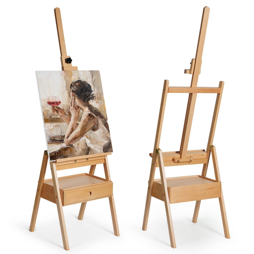 ARTIFY Large Wooden H-Frame Studio Easel with Artist Storage Drawer and Shelf, Sturdy Beechwood Canvas Holder Stand, Adjustable to 75" High