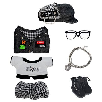 niannyyhouse 20cm Plush Doll Clothes Hat Vest T-Shirt Pants Glasses Necklace Shoes Doll Accessories (Black, 20cm)