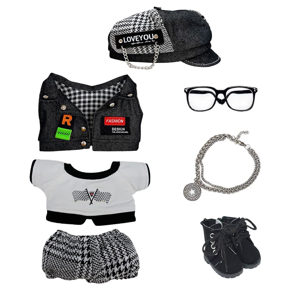niannyyhouse 20cm Plush Doll Clothes Hat Vest T-Shirt Pants Glasses Necklace Shoes Doll Accessories (Black, 20cm)