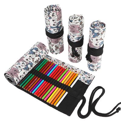 DIYOMR 24/36/72 Slots Pencil Wrap Pencil Rolls, Artist Colored Pencils Roll Up Bag Short Brushes Pouch Case Pencils Organizer for Drawing Coloring and Sketching (Big Headed Cat, 24slots)