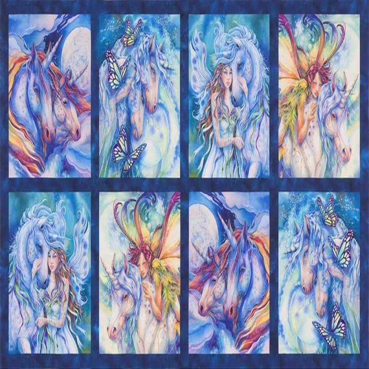 24" X 44" Panel Morningmoon Unicorns Magical Mythical Creatures Navy Cotton Fabric Panel (ABKD-18646-286WILD)