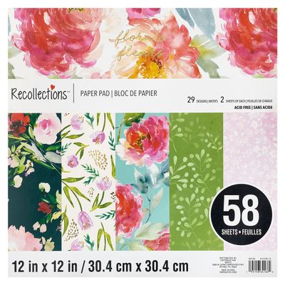Recollections 58 Sheets 12" x 12" Florals Paper Pad - Acid Free Paper for Scrapbooks, Invitations, Greeting Cards, and Arts & Crafts - 1 Pack