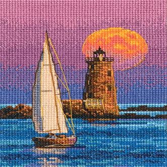 Wizardi Counted Cross Stitch Kit "with the Flavour of Salt, Wind and Sun" C338 Coastal Morning, 16ct White Zweigart Aida DMC 25 Colors Floss, Needle, Chart, 3.74x5.51" Kit for Adult RTO