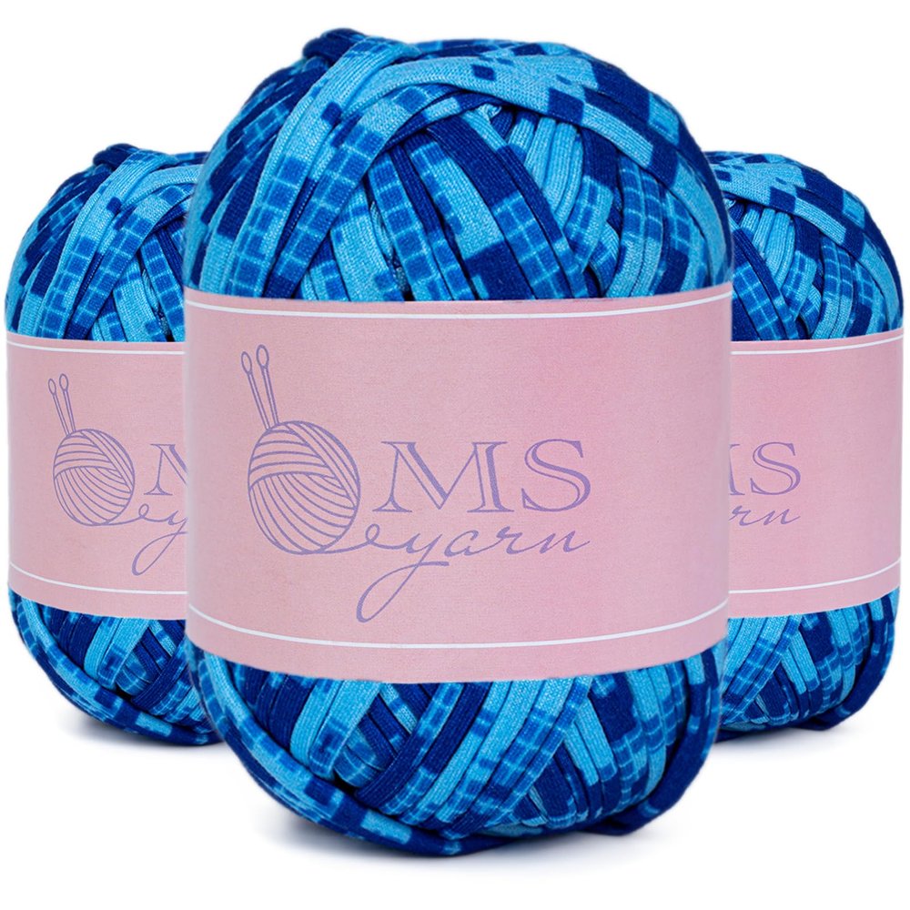 3 Skein Fancy T-Shirt Yarn, Tshirt Fabric Crochet Yarn for Crocheting Bag/Craft Project/Home Decor, 3.3oz/100g, 30yd/27m (5# Dark&Light Blue)