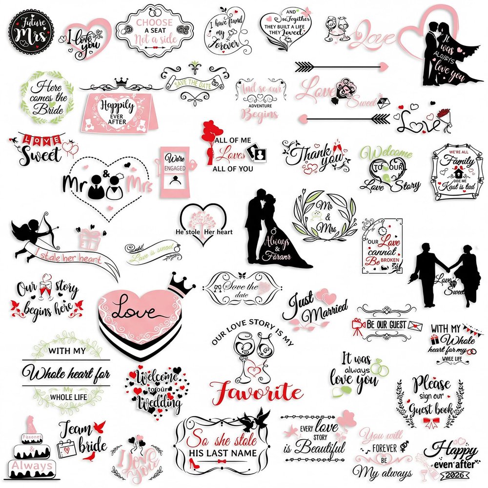 Pasimy 45 Pcs Wedding Stickers for Scrapbooking Waterproof Bridal Shower Scrapbook Letter Stickers for Guest Engagement Anniversary Invitation Envelope Laptop(Classic Style)