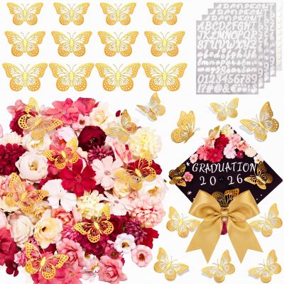 Hanaive 76 Pcs DIY Graduation Cap Decorations Kit Included Faux Flowers 3D Butterfly Alphabet Letter Stickers for for 2026 Grad Cap Topper Party Gifts Decor(Stylish Color)