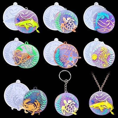 Zayookey 7 Pcs Keychain Resin Mold Sea Animals Silicone Molds Round Epoxy Resin Casting Mold Circle Keychain Pendant Mould with Holes for DIY Crafts Jewelry Earrings Making