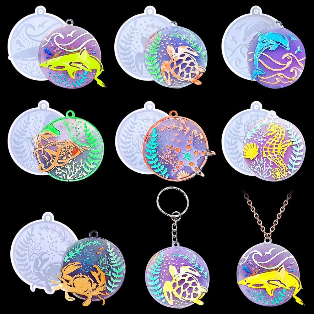 Zayookey 7 Pcs Keychain Resin Mold Sea Animals Silicone Molds Round Epoxy Resin Casting Mold Circle Keychain Pendant Mould with Holes for DIY Crafts Jewelry Earrings Making