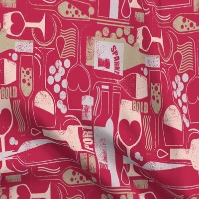 Fabric Wine Glasses Bottles Grapes Magenta Vivid Bold Bright Pink Printed on Upholstery Velvet Fabric Fat Quarter - Upholstery Home Decor Bottomweight Apparel