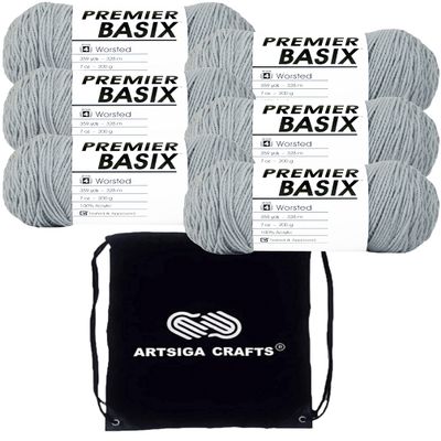 Premier Yarns Basix Light Gray 1115-02 (6-Skeins - Same Dye Lot) Worsted Medium #4 Acrylic Yarn for Crocheting and Knitting with Project Bag