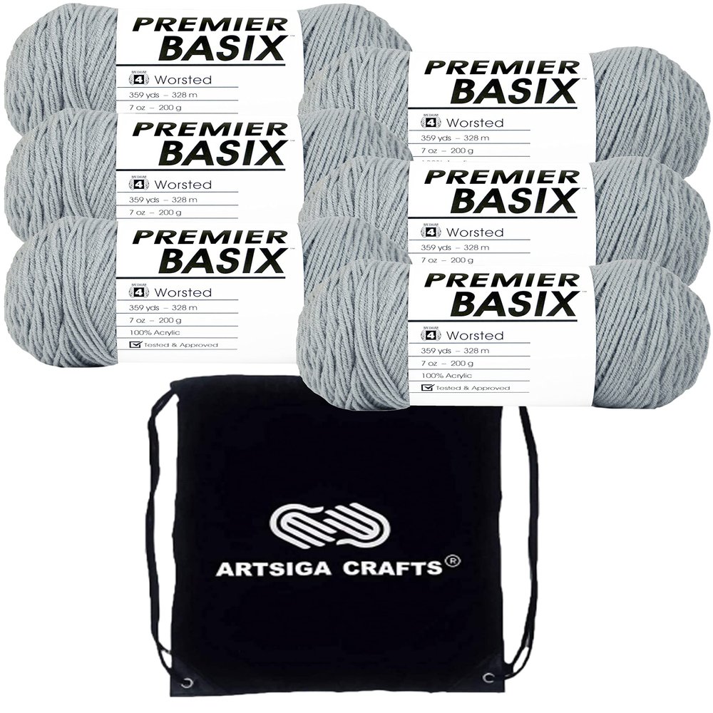 Premier Yarns Basix Light Gray 1115-02 (6-Skeins - Same Dye Lot) Worsted Medium #4 Acrylic Yarn for Crocheting and Knitting with Project Bag