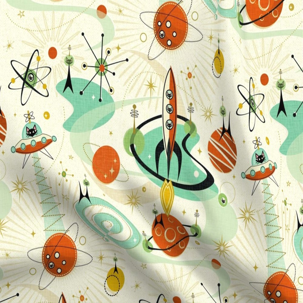Spoonflower Fabric - Mid Century Modern Whimsical Black Cats Retro Inspired Atomic Era Printed on Organic Cotton Sateen Fabric Fat Quarter - Sewing Quilting Apparel Home Decor