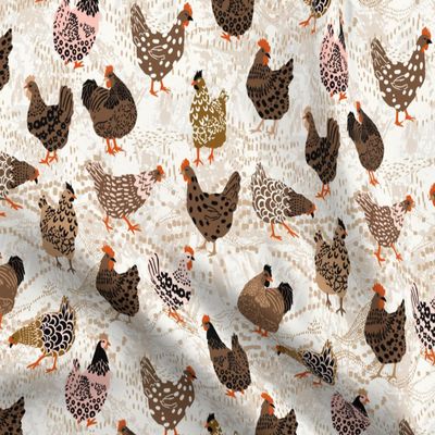 Spoonflower Fabric - Farmhouse Hens Barnyard Earth Tones Neutral Chickens Shabby Chic Printed on Cotton Poplin Fabric Fat Quarter - Sewing Shirting Quilting Dresses Apparel Crafts