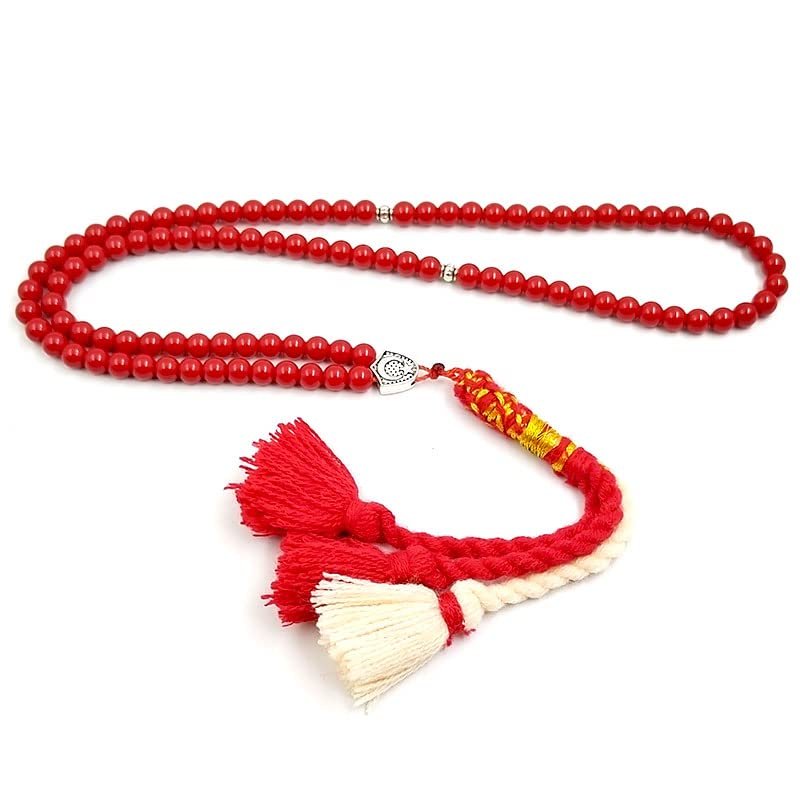ALBASHAN Red Stone Tasbih 99beads Cotton tassel handmade Karakosh muslim women ramadan gift Misbaha arabic fashion accessories bracelet (10mm x 100 beads)
