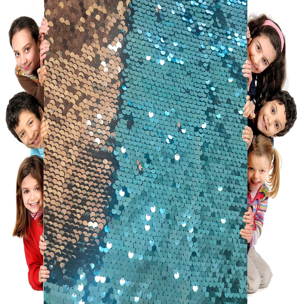 Sensory Wall Sequin Flip Fabric for Kids,0.2" Large Sequins Sensory Graffiti Fabric for Toddlers,Tactile Stimulation,Calming Corner Items (Half yd (18"*49"), Lake Blue + Silver)