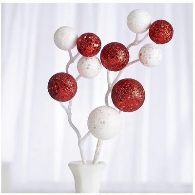Factory Direct Craft Group of 6 Red and White Glittered Ball Stems for Holiday Decorating and Special Event Displays