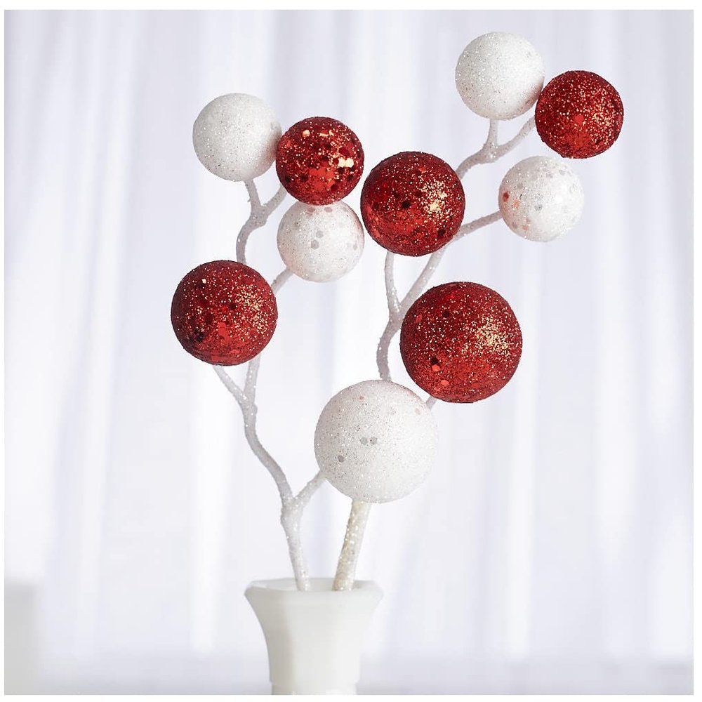 Factory Direct Craft Group of 6 Red and White Glittered Ball Stems for Holiday Decorating and Special Event Displays
