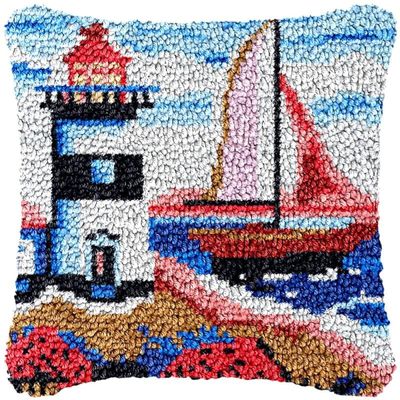 Lighthouse Sailboat Sea Latch Hook Kits Pillow Cover for Beginner Color Printed Canvas Yarn Crocheting Cushion DIY Hook and Latch Pillowcase Sofa Decoration 43x43cm