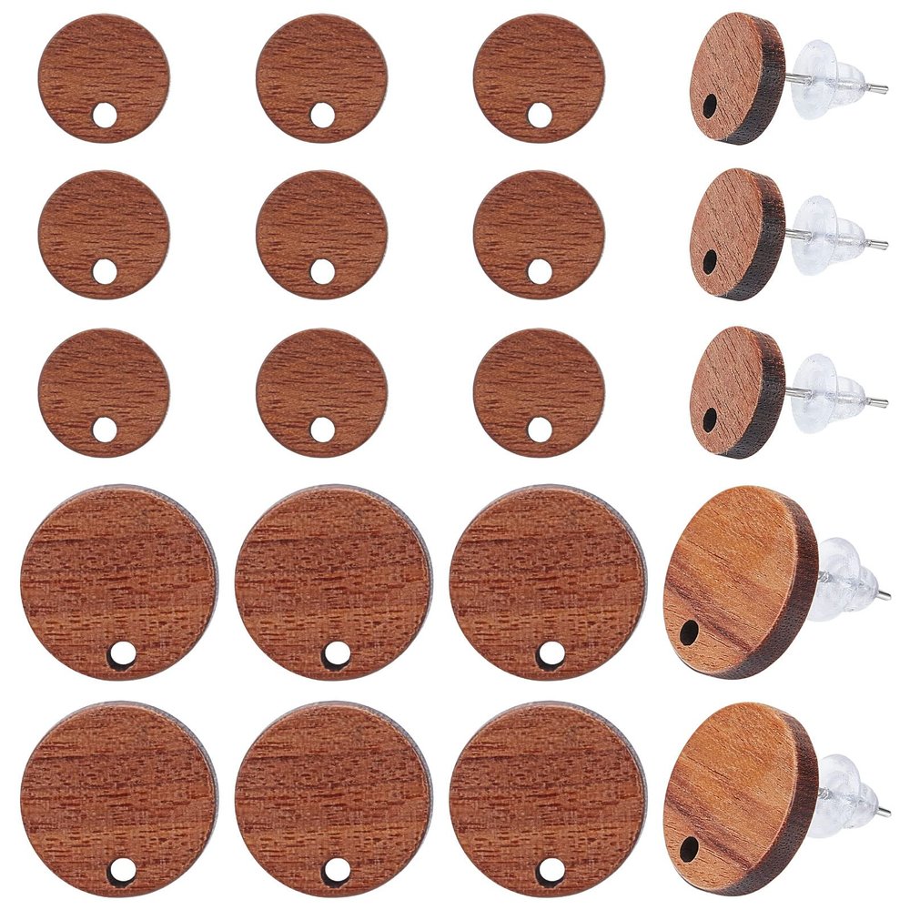 SUNNYCLUE 1 Box 40Pcs Wood Stud Earring Posts Ear Post with Hole Wooden Earring Blanks 304 Stainless Steel Pin Natural Flat Round Ear Studs for Jewelry Making Adult DIY Crafts Supplies