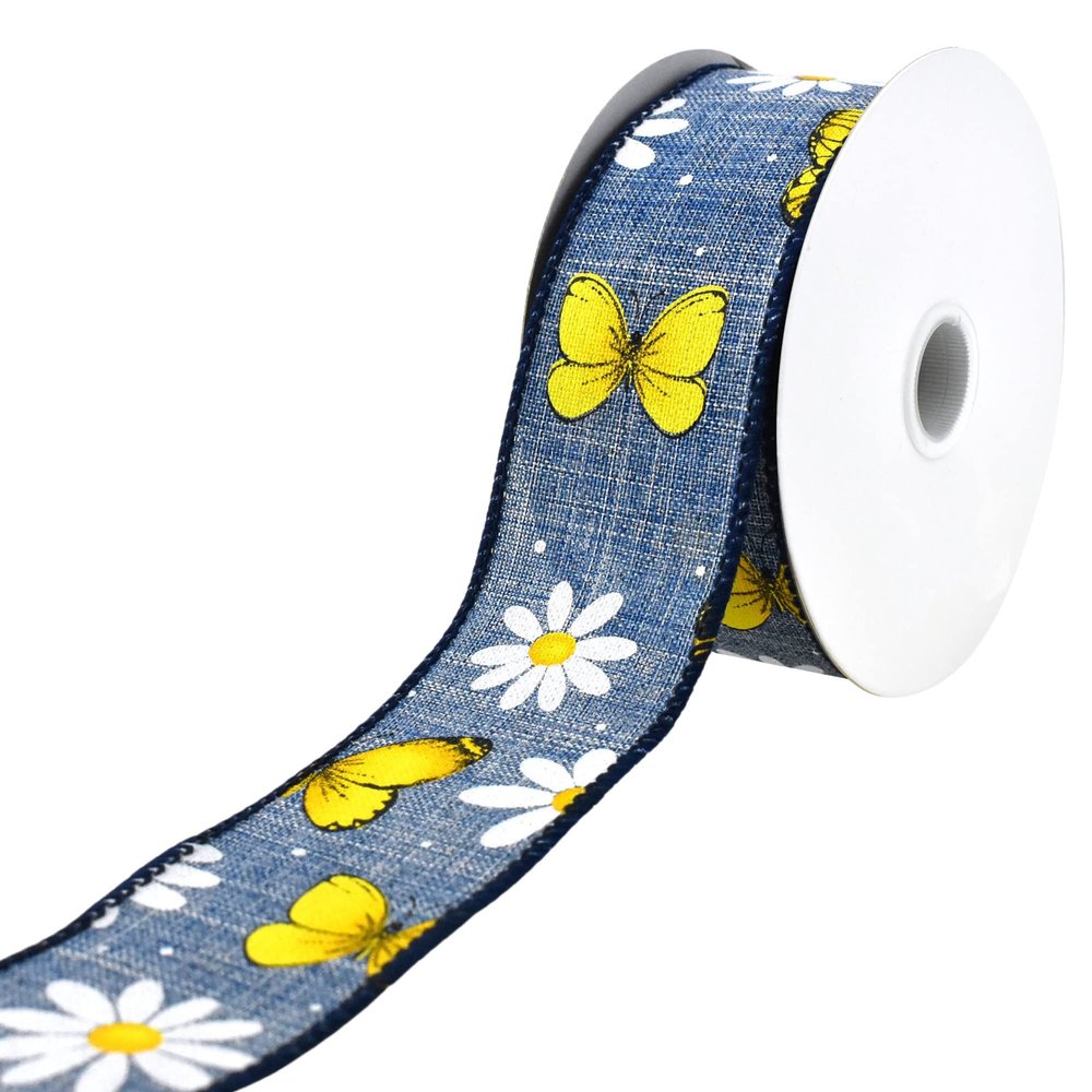 Homeford Daisies and Butterflies Faux Linen Wired Ribbon, 1-1/2-inch, 10-Yard, Denim