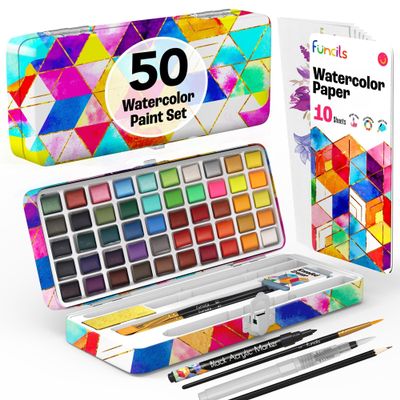 Funcils Watercolor Paint Set - 50 Travel Watercolors Set - Water Colors Paint for Adult, Beginners, Professional Artists | Watercolor Palette with Paper, Brush, Pen | Art Supplies for Adults