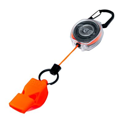 KEY-BAK Secure Safe 24" Retractable Keychain with built-in LOUD Fox40 Emergency Whistle, Carabiner Clip - Retract 4oz & Holds Up To 5 Keys - Clear Case/Orange Cord