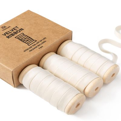 Vitalizart Ivory Velvet Ribbon Set 3/8" x 15 Yd Wooden Spool Fabric Trim 3 Rolls * 5 Yd for Christmas Wreath Decoration Handmade Craft Ornaments Gift Wrapping & Bow Making