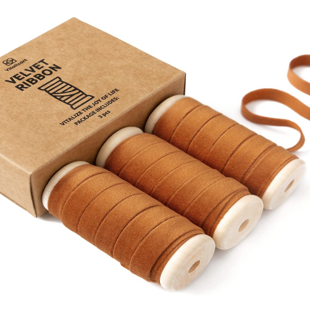 Vitalizart Terracotta Velvet Ribbon Set 3/8" x 15 Yd Fall Ribbon Fabric Trim 3 Rolls * 5 Yd for Christmas Wreath Decoration Handmade Craft Ornaments Gift Wrapping & Bow Making