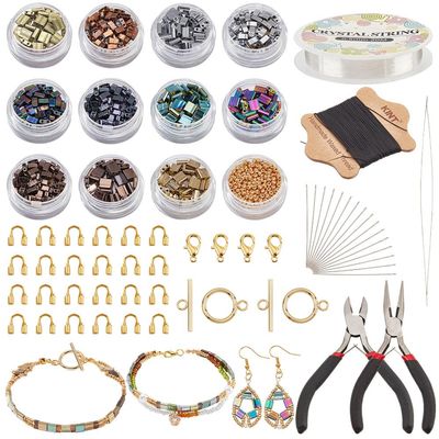 NBEADS About 480 Pcs 2-Hole Beads Kit, Metallic Colors Glass Seed Beads Kit Including Elastic Thread Pliers Cutter and About 344 Pcs Glass Seed for Jewelry Bracelet Earring Making