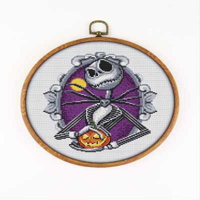 Jack Skellington CS2006 - Counted Cross Stitch KIT#2. Set of Threads, Needles, AIDA Fabric, Needle Threader, Embroidery Clippers and Printed Color Pattern Inside.