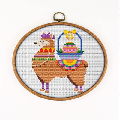 Easter Llama CS1585 - Counted Cross Stitch KIT#2. Set of Threads, Needles, AIDA Fabric, Needle Threader, Embroidery Clippers and Printed Color Pattern Inside.