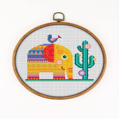 Sunny Elephant and Bird CS1616 - Counted Cross Stitch KIT#2. Set of Threads, Needles, AIDA Fabric, Needle Threader, Embroidery Clippers and Printed Color Pattern Inside.
