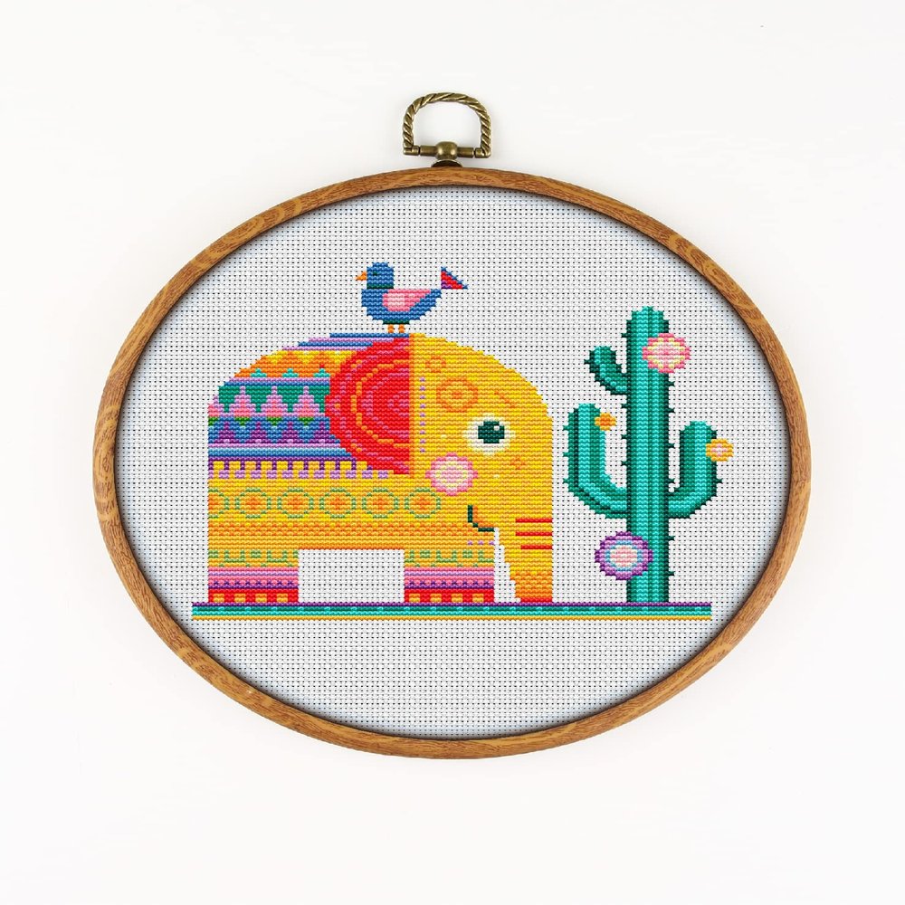 Sunny Elephant and Bird CS1616 - Counted Cross Stitch KIT#2. Set of Threads, Needles, AIDA Fabric, Needle Threader, Embroidery Clippers and Printed Color Pattern Inside.