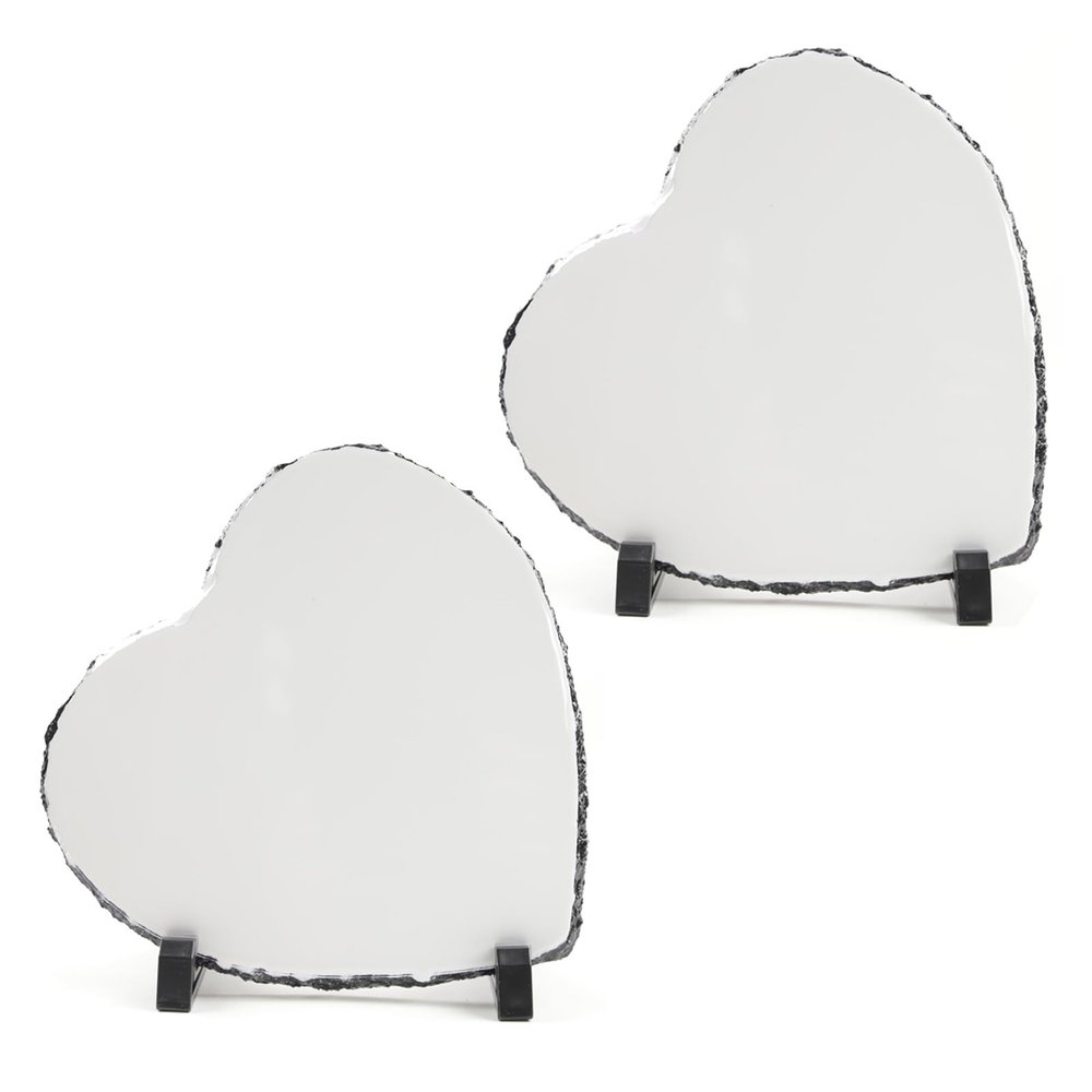 2 Pack Sublimation Slate Blanks 7.5x7.5 Inch Heart Custom Stone Slate Picture Frame Heat Transfer Rock Photo Plaque with Display Stand Decoration for Desktop Souvenir DIY Personalized Gift
