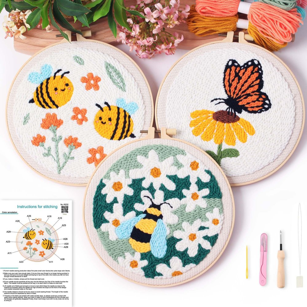 3Sets Punch Needle Kit for Adults Beginners,Bee & Butterfly Flowers Embroidery Kit,Includes Punch Needle Tool, Embroidery Hoop, Yarn,Fabric,Supplies, DIY Art & Crafts for Women & Girls